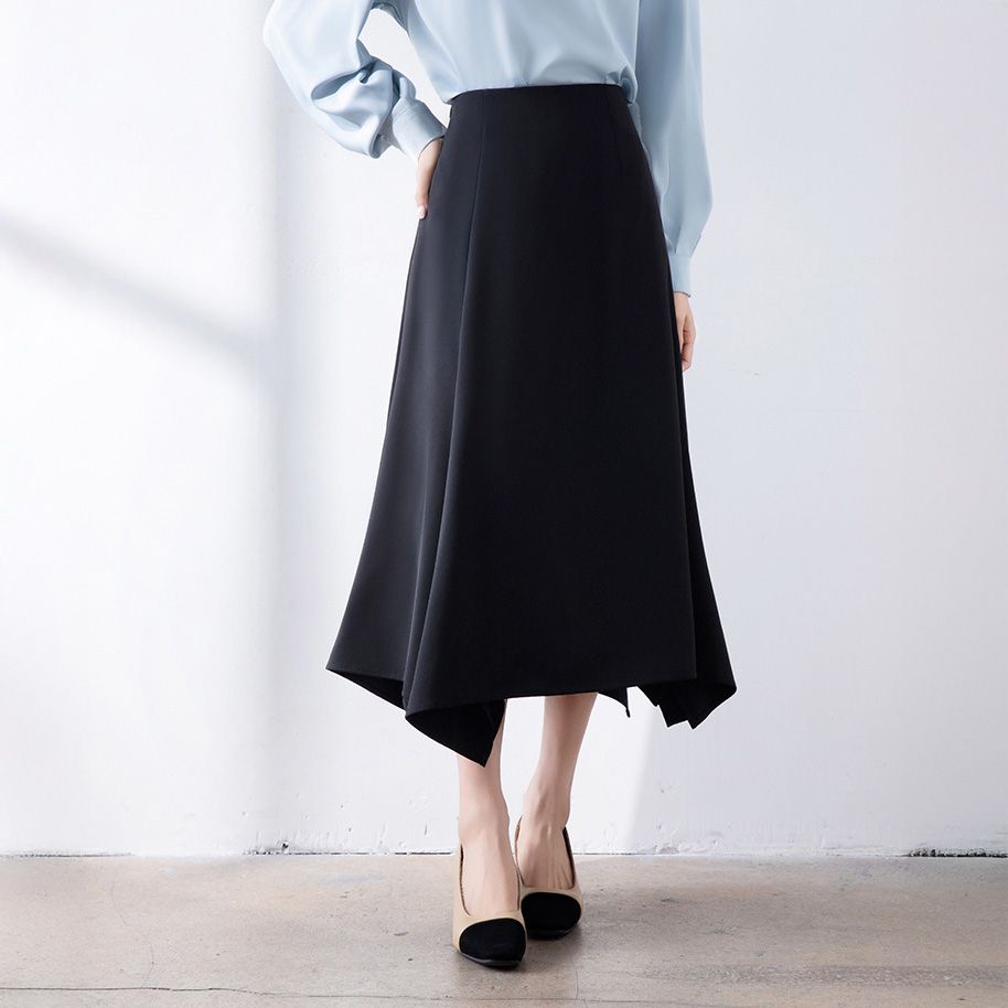 フォーマルカジュアル 通勤用変形裾黒ロングスカート きれいめ 秋冬
