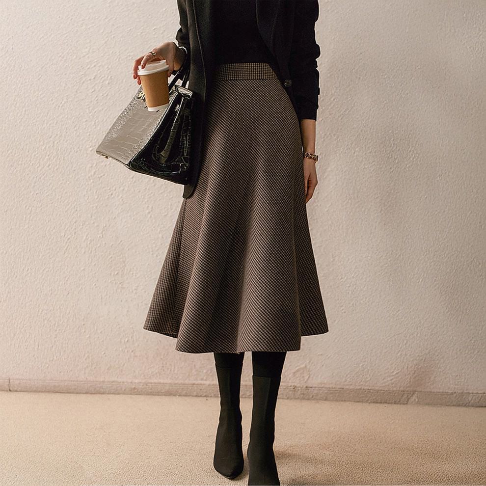 フォーマルカジュアル 参観日対応千鳥格子フレアスカート膝下丈上品仕様 秋冬