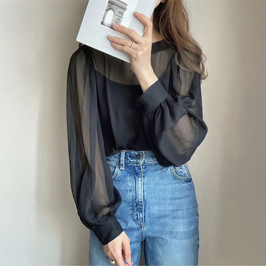 フォーマルカジュアル 謝恩会対応シアーブラウス ふんわり袖 透け感 上品レディース