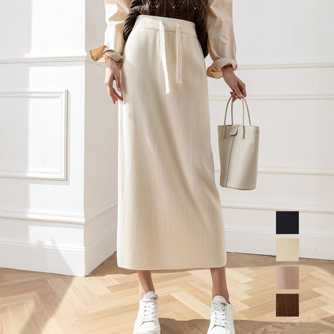 フォーマルカジュアル 通勤用リブニットロングスカート ミモレ丈 秋冬