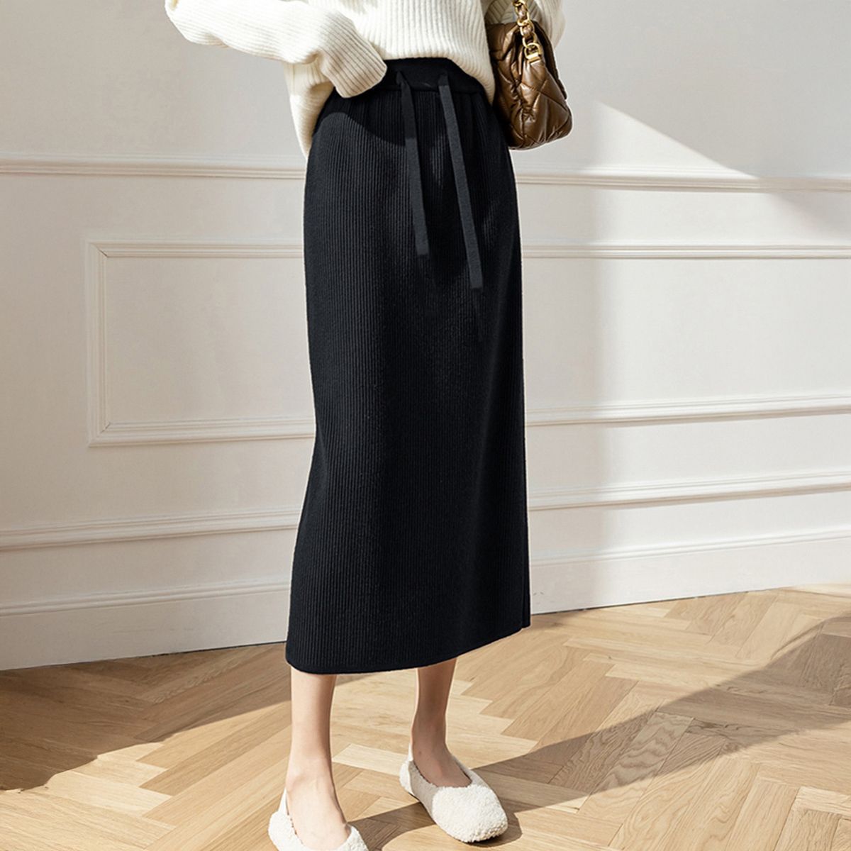 フォーマルカジュアル 通勤用リブニットロングスカート ミモレ丈 秋冬