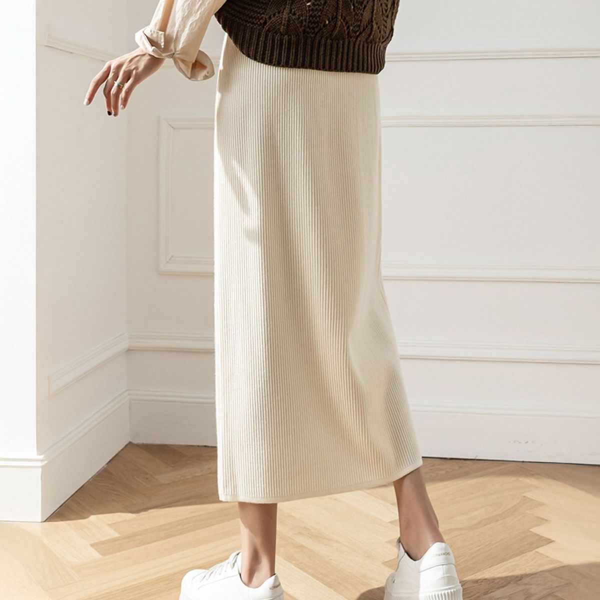 フォーマルカジュアル 通勤用リブニットロングスカート ミモレ丈 秋冬