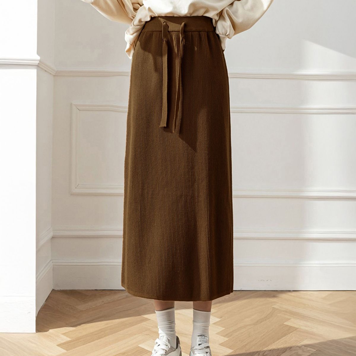 フォーマルカジュアル 通勤用リブニットロングスカート ミモレ丈 秋冬