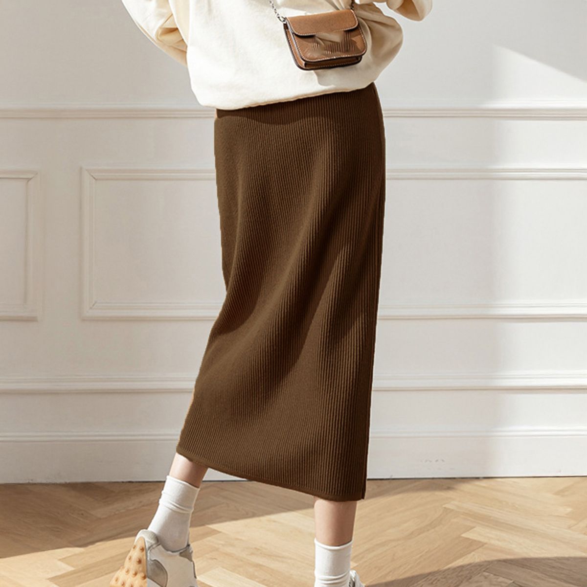 フォーマルカジュアル 通勤用リブニットロングスカート ミモレ丈 秋冬