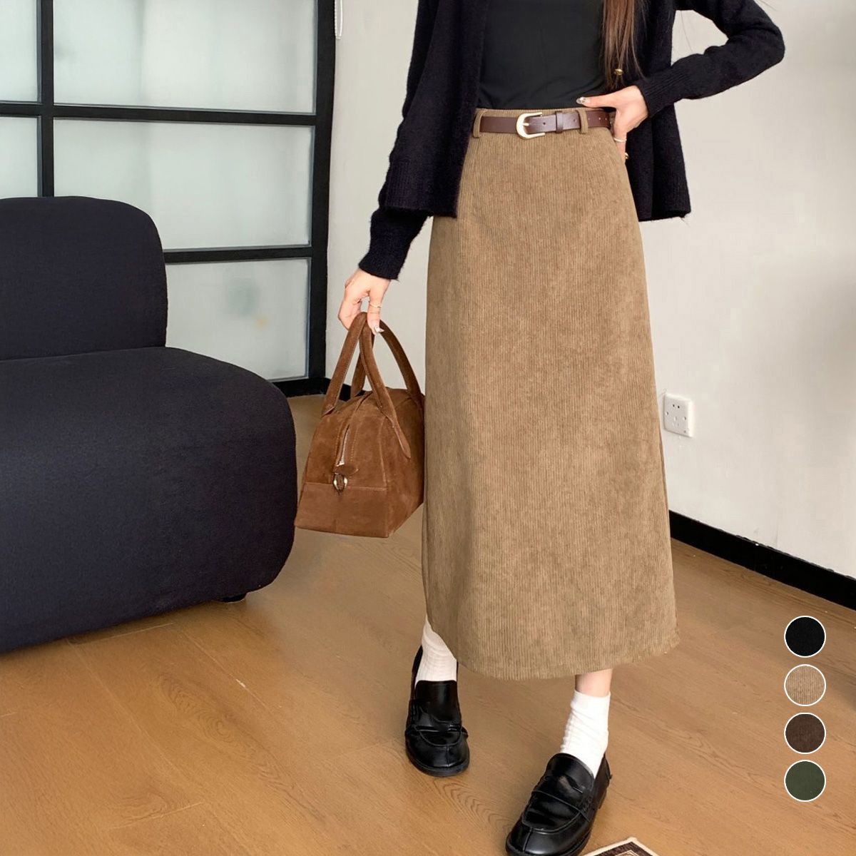 フォーマルカジュアル 通勤用コーデュロイタイトスカート ベルト付き
