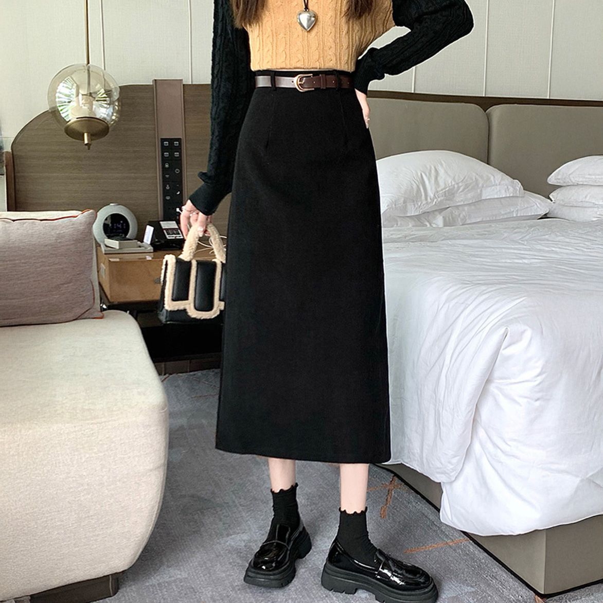 フォーマルカジュアル 通勤用コーデュロイタイトスカート ベルト付き