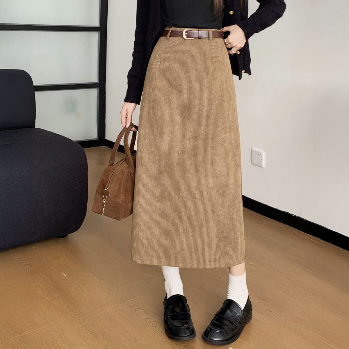 フォーマルカジュアル 通勤用コーデュロイタイトスカート ベルト付き