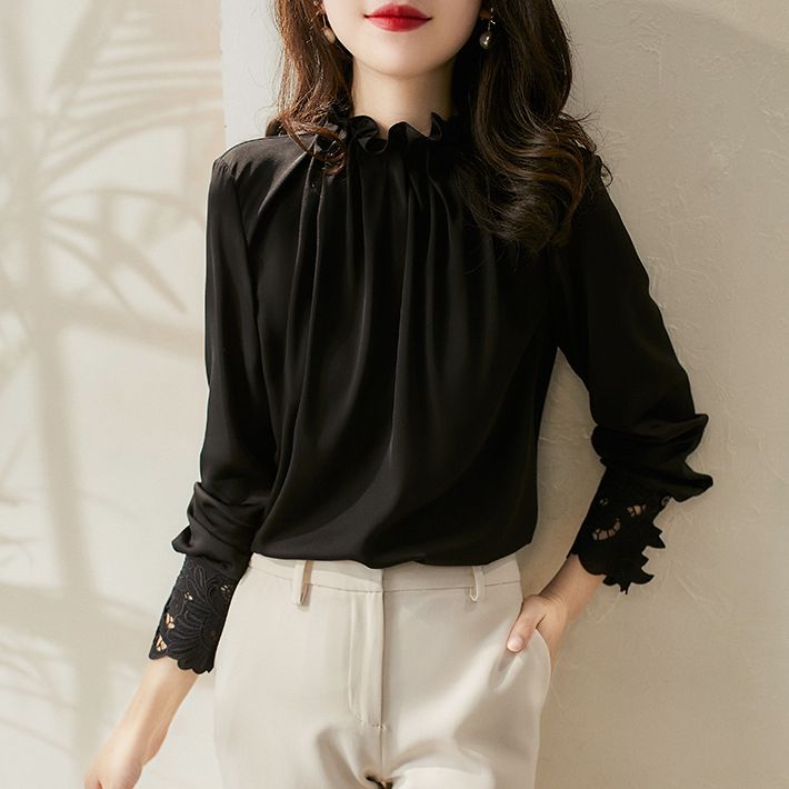 フォーマルカジュアル 卒業式対応 透け感シフォン袖レースブラウス 白黒