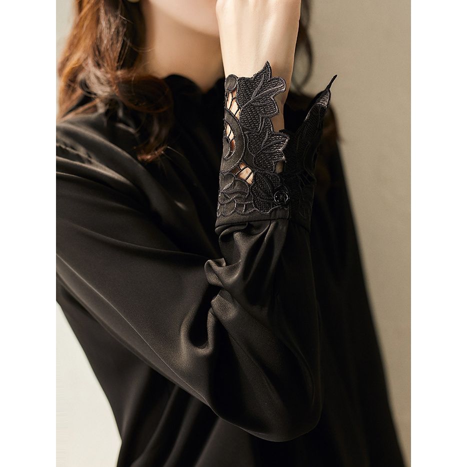 フォーマルカジュアル 卒業式対応 透け感シフォン袖レースブラウス 白黒