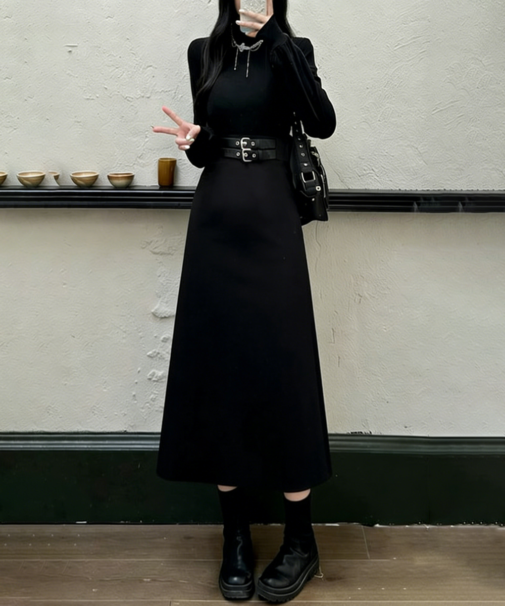 フォーマルカジュアル 通勤用ダブルベルト飾りロングワンピース黒