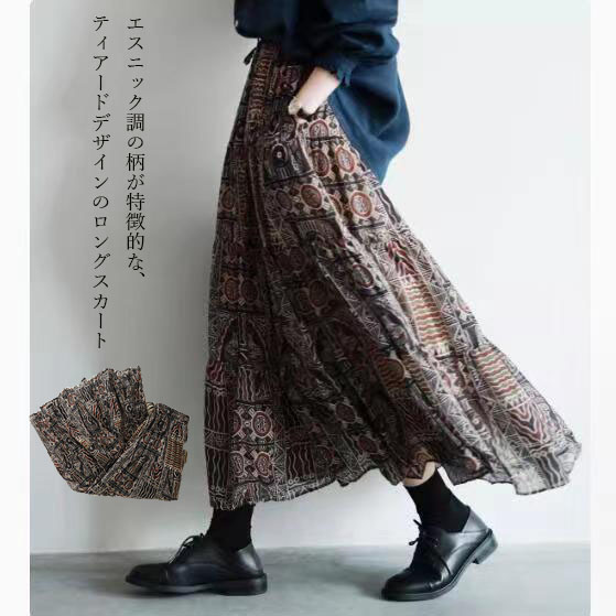 フォーマルカジュアル 参観日対応レトロ調プリントフレアスカート春夏