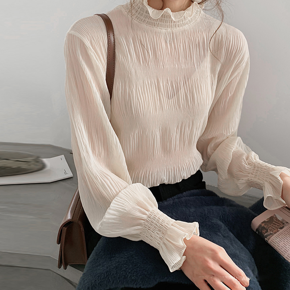 フォーマルカジュアル 通勤用フリルハイネックブラウス上品シフォン素材