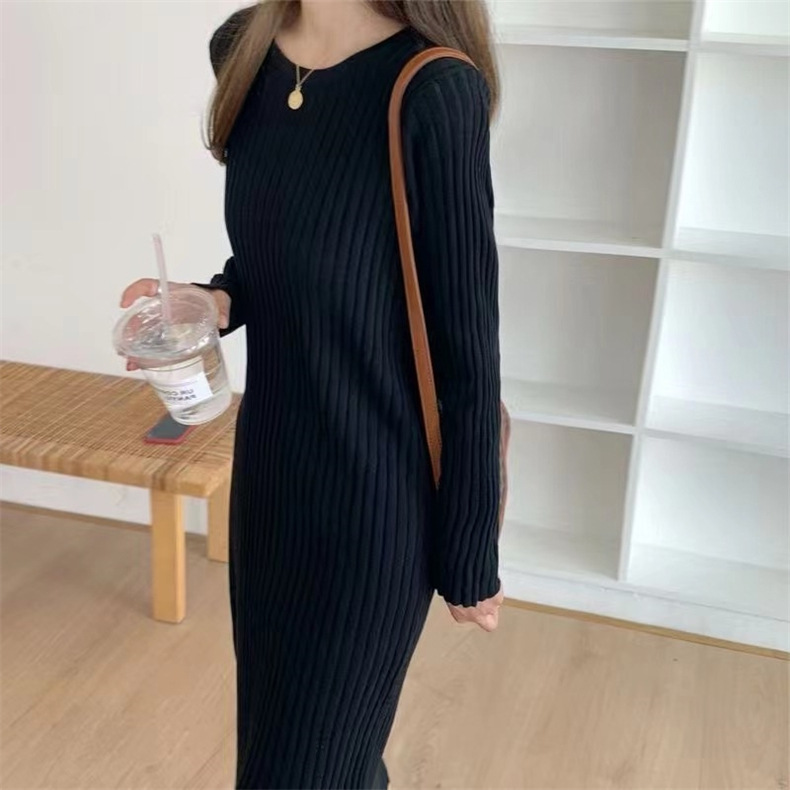 フォーマルカジュアル 通勤用リブニットワンピース長袖ロング丈体型カバーゆったり