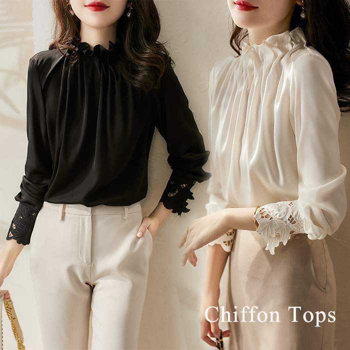 フォーマルカジュアル 卒業式対応 透け感シフォン袖レースブラウス 白黒