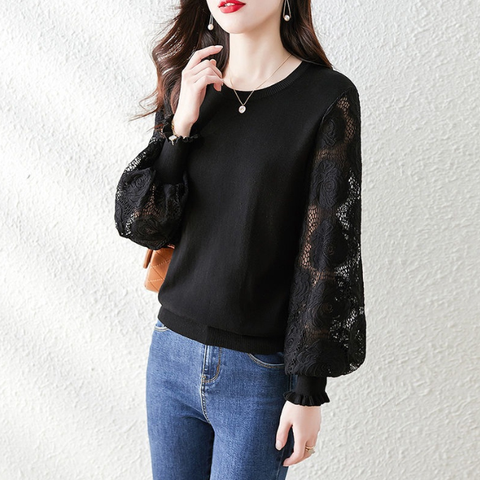フォーマルカジュアル 通勤用レース袖切り替え長袖薄手ニットトップス