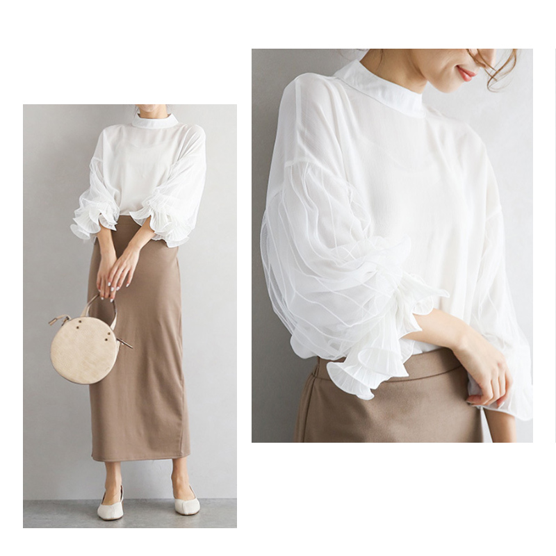 フォーマルカジュアル 参観日にぴったり シフォン袖透け感ブラウス