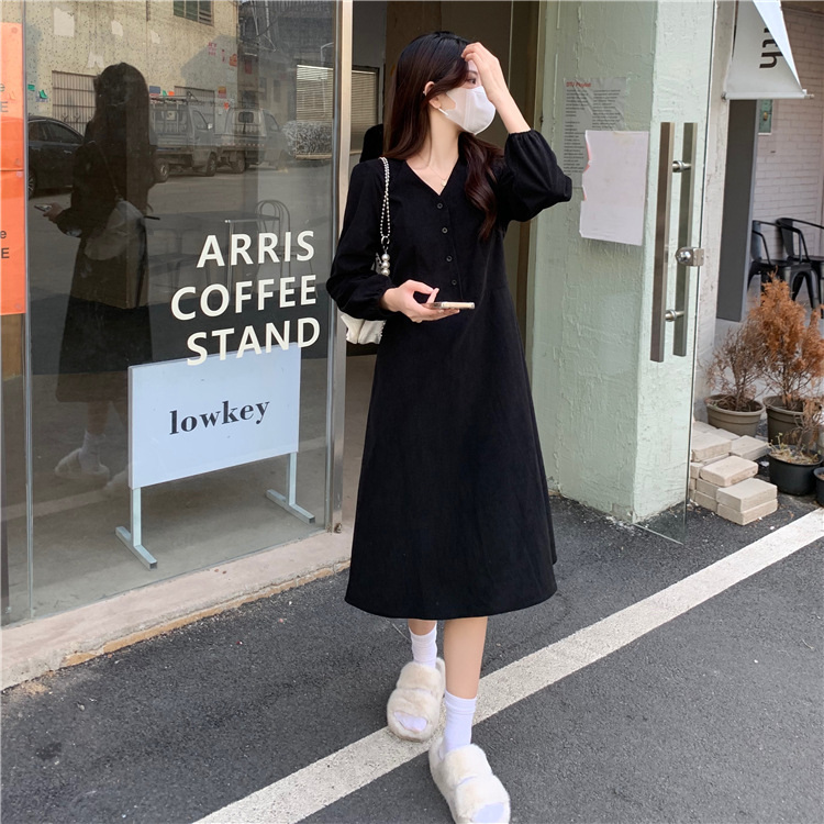 フォーマルカジュアル 参観日対応 長袖 綺麗目 黒 ワンピース 上品 長丈