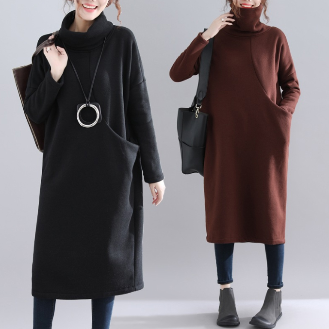 フォーマルカジュアル 通勤用裏起毛タートルネックワンピース ポケット付き