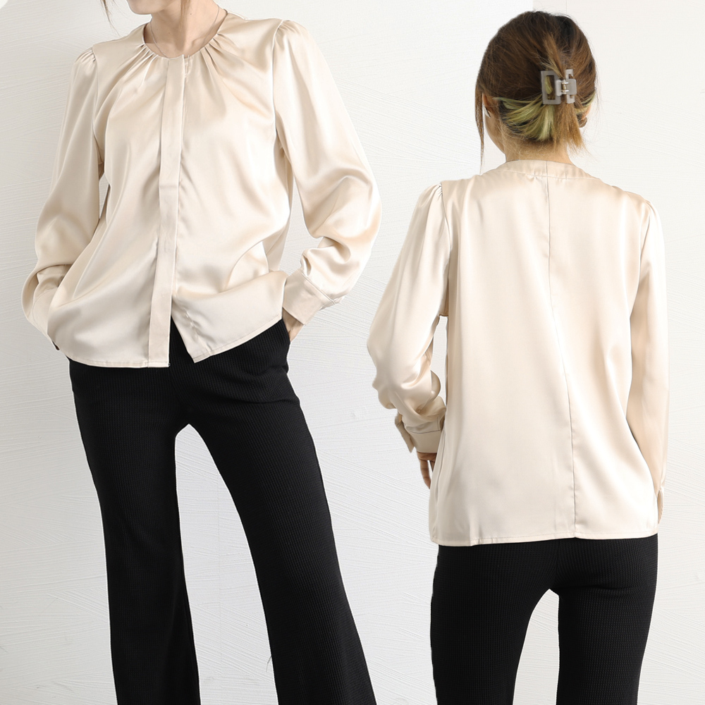フォーマルカジュアル 通勤用フロントタック長袖ブラウス レディース上品