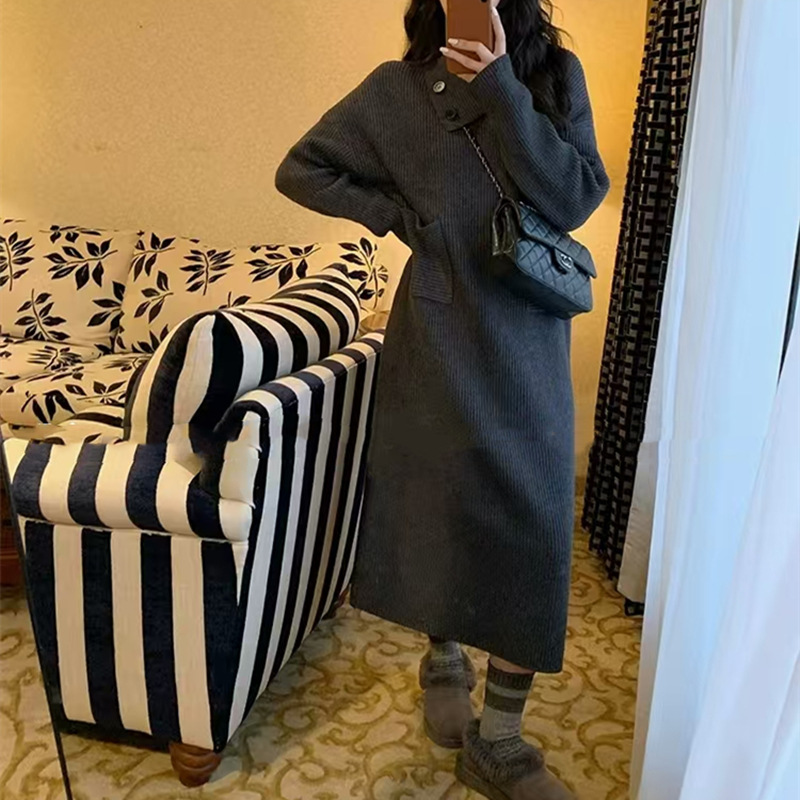 フォーマルカジュアル 通勤用リブニットワンピース長袖ロング丈きれいめベージュ