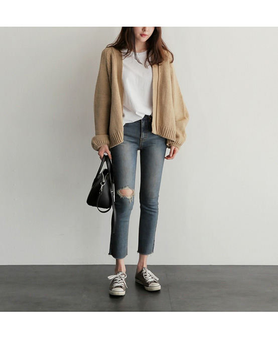 フォーマルカジュアル 参観日にも使える ざっくり編みショート丈ニットカーディガン