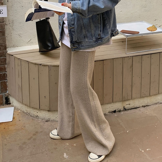 フォーマルカジュアル 参観日対応 編み模様ニットワイドパンツ 足長効果でゆったり美脚