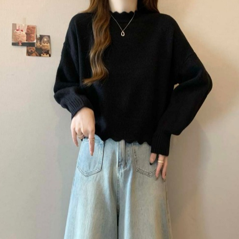 フォーマルカジュアル 参観日対応フリルネック無地ニットセーター