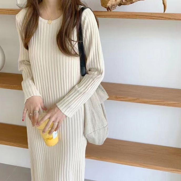 フォーマルカジュアル 通勤用リブニットワンピース長袖ロング丈体型カバーゆったり