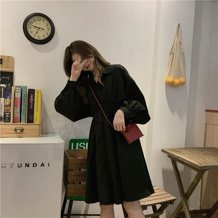 フォーマルカジュアル 参観日対応 黒ワンピース 長袖 きれいめ ボリューム袖 着痩せ効果