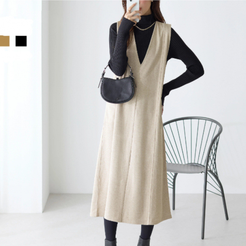 フォーマルカジュアル 参観日対応 秋冬新作 深襟ロング丈ワンピース レディース