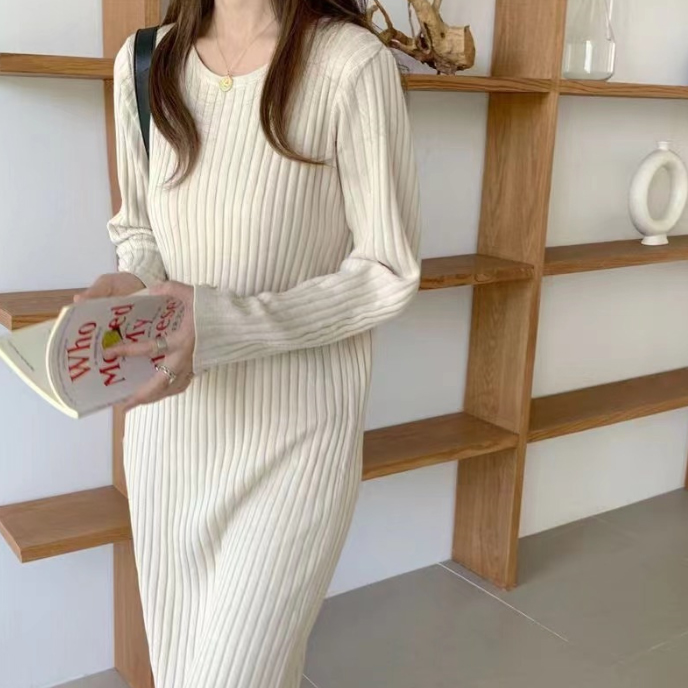フォーマルカジュアル 通勤用リブニットワンピース長袖ロング丈体型カバーゆったり