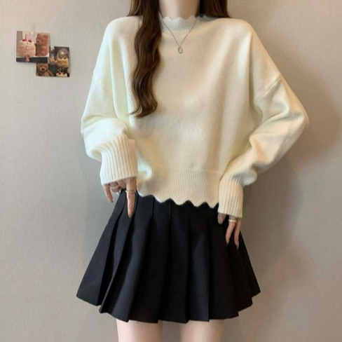 フォーマルカジュアル 参観日対応フリルネック無地ニットセーター