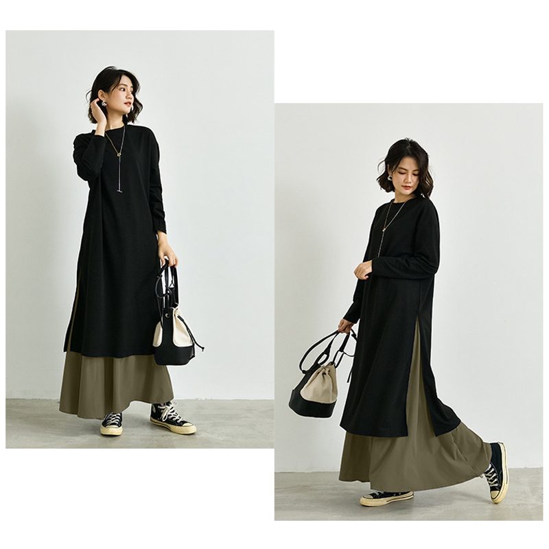 フォーマルカジュアル 参観日対応重ね着風長袖ワンピース上品ロング丈きれいめ