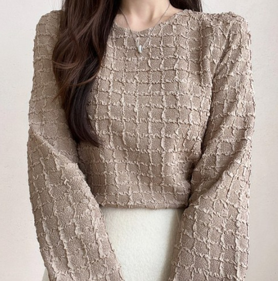 フォーマルカジュアル 通勤用レース編み長袖プルオーバー上品ベージュ