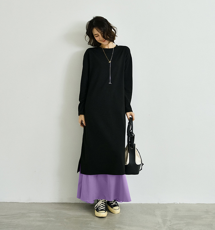 フォーマルカジュアル 参観日対応重ね着風長袖ワンピース上品ロング丈きれいめ