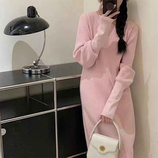 フォーマルカジュアル 通勤用ニット編みワンピース長袖きれいめ体型カバー新作