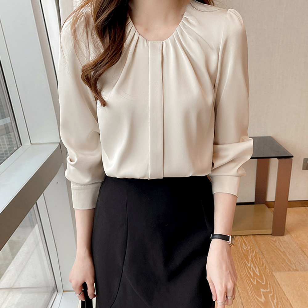 フォーマルカジュアル 通勤用フロントタック長袖ブラウス レディース上品