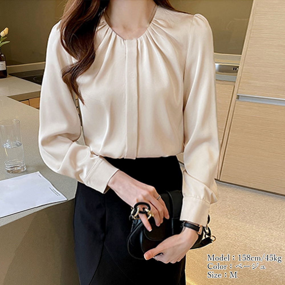 フォーマルカジュアル 通勤用フロントタック長袖ブラウス レディース上品
