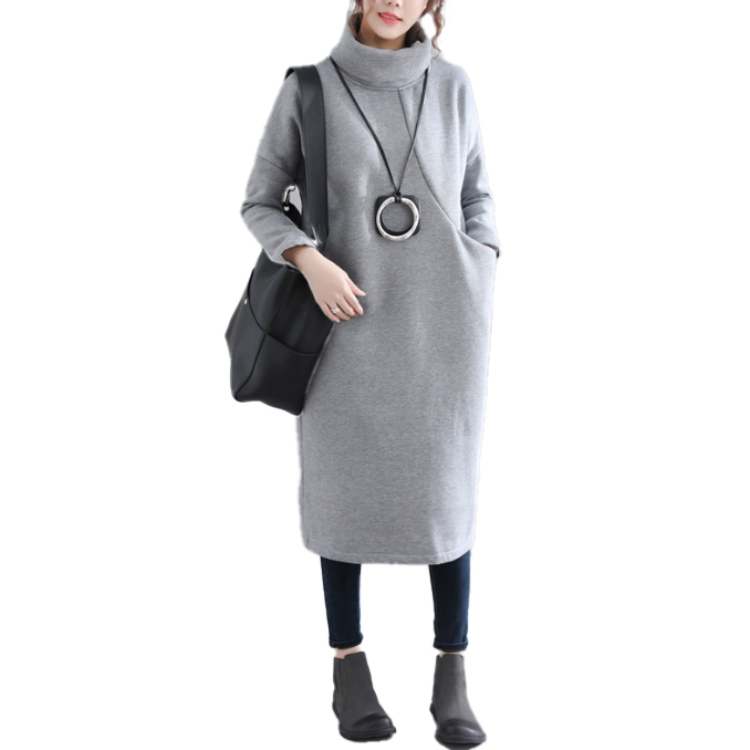 フォーマルカジュアル 通勤用裏起毛タートルネックワンピース ポケット付き