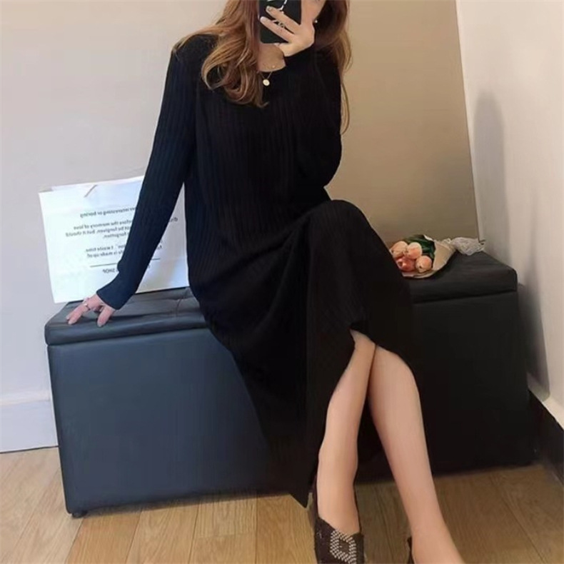 フォーマルカジュアル 通勤用リブニットワンピース長袖ロング丈体型カバーゆったり