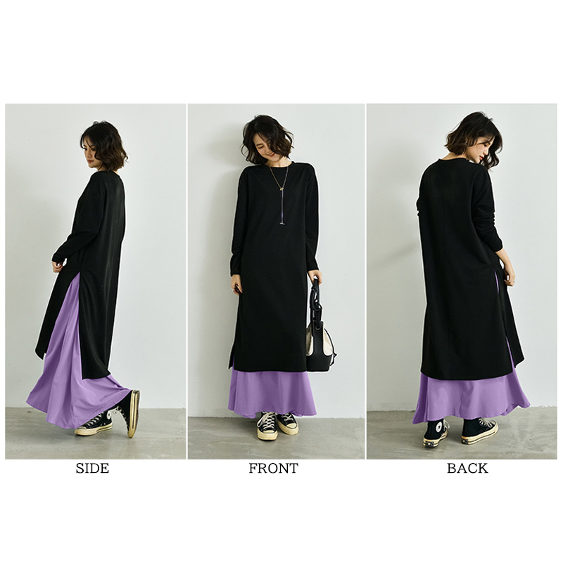 フォーマルカジュアル 参観日対応重ね着風長袖ワンピース上品ロング丈きれいめ