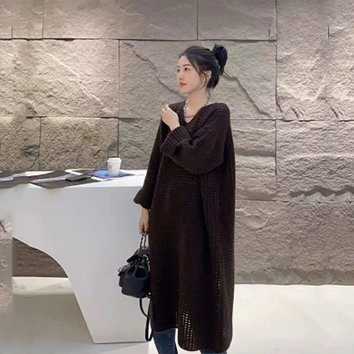 フォーマルカジュアル 通勤用 透かし編み長袖ワンピース ブイネック きれいめ