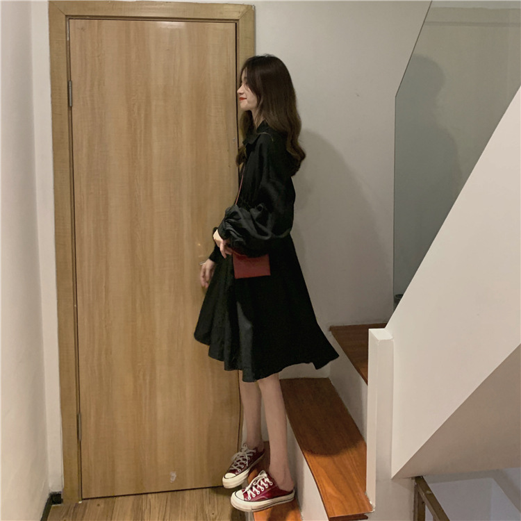 フォーマルカジュアル 参観日対応 黒ワンピース 長袖 きれいめ ボリューム袖 着痩せ効果