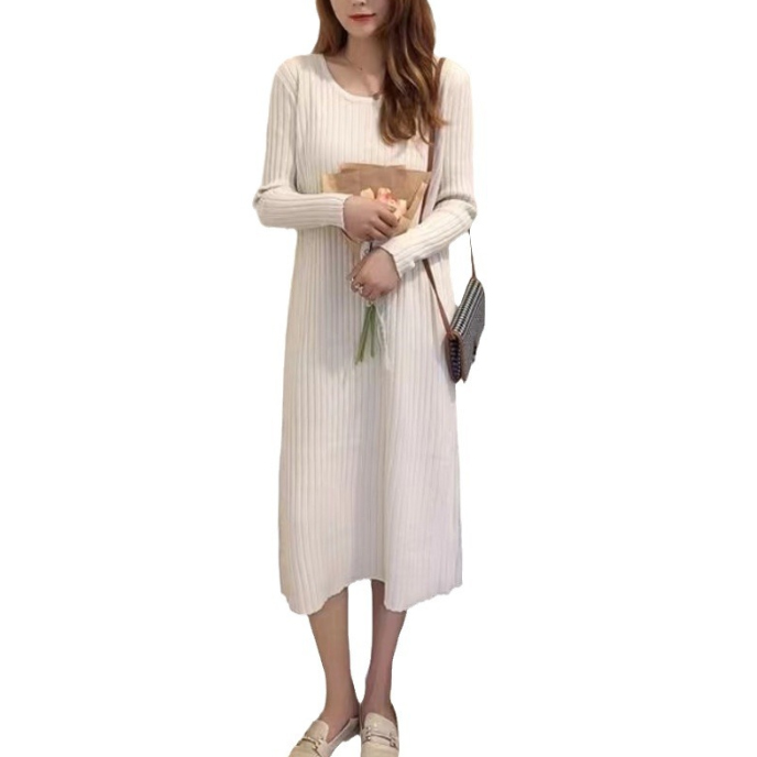 フォーマルカジュアル 通勤用リブニットワンピース長袖ロング丈体型カバーゆったり