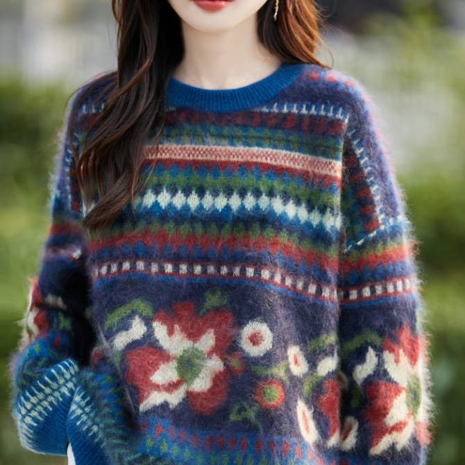 フォーマルカジュアル 参観日にも最適 北欧ノルディック柄ニットセーター レトロ