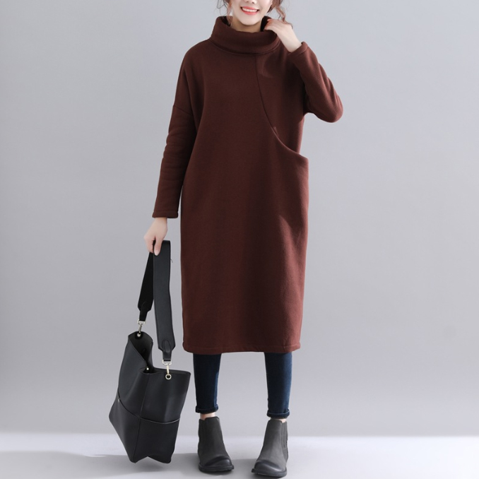 フォーマルカジュアル 通勤用裏起毛タートルネックワンピース ポケット付き