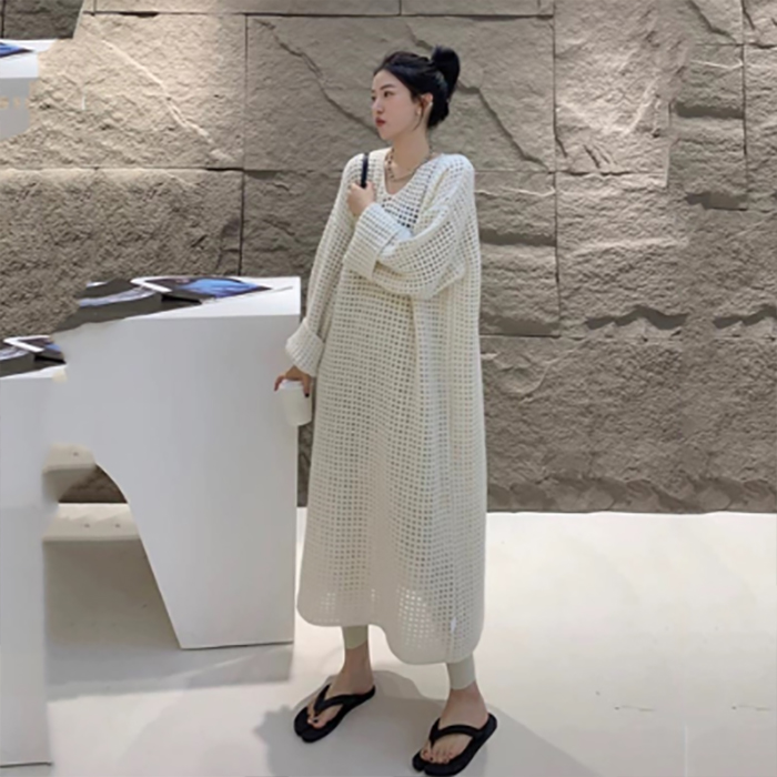 フォーマルカジュアル 通勤用 透かし編み長袖ワンピース ブイネック きれいめ