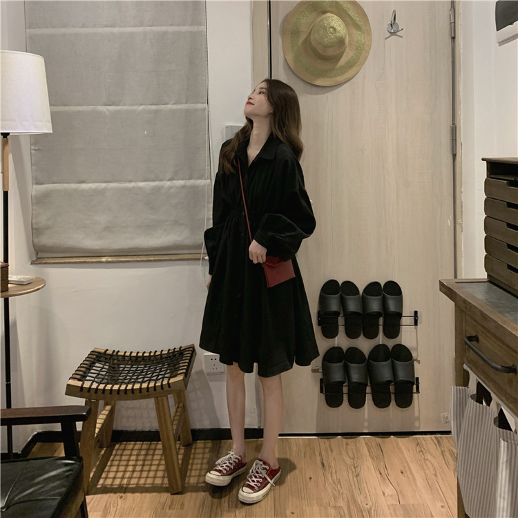 フォーマルカジュアル 参観日対応 黒ワンピース 長袖 きれいめ ボリューム袖 着痩せ効果