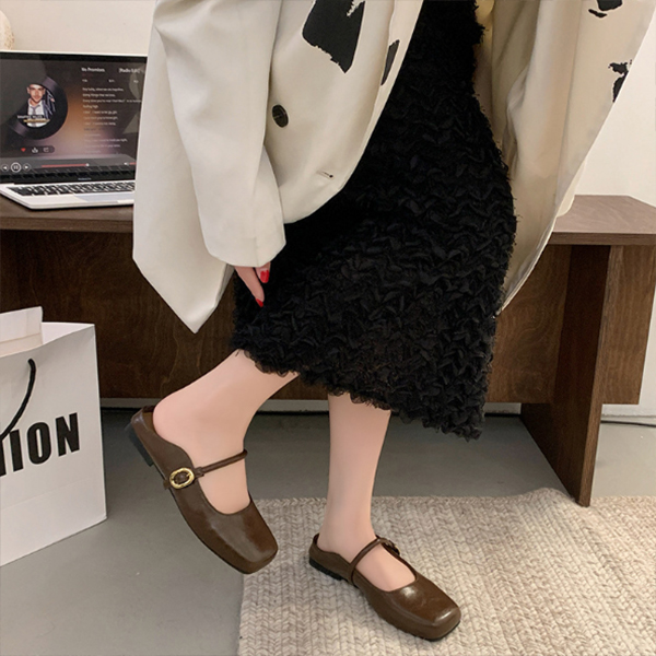 フォーマルカジュアル 参観日対応 サンダル ストラップ付きミュール 歩きやすい四角つま先