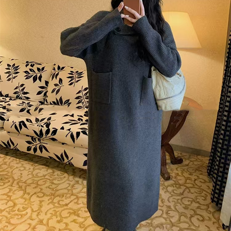 フォーマルカジュアル 通勤用リブニットワンピース長袖ロング丈きれいめベージュ